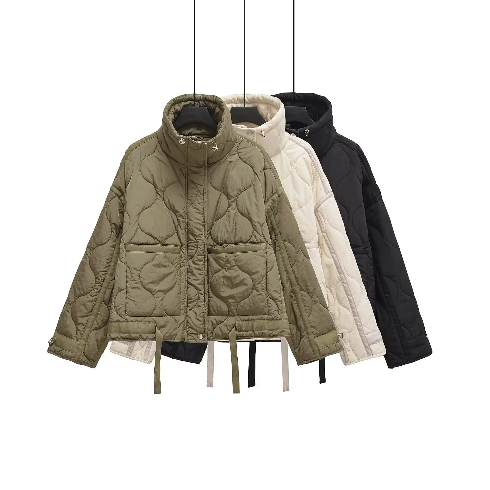 Stand Collar Loose Drawstring Zipper Cotton Jacket for Women