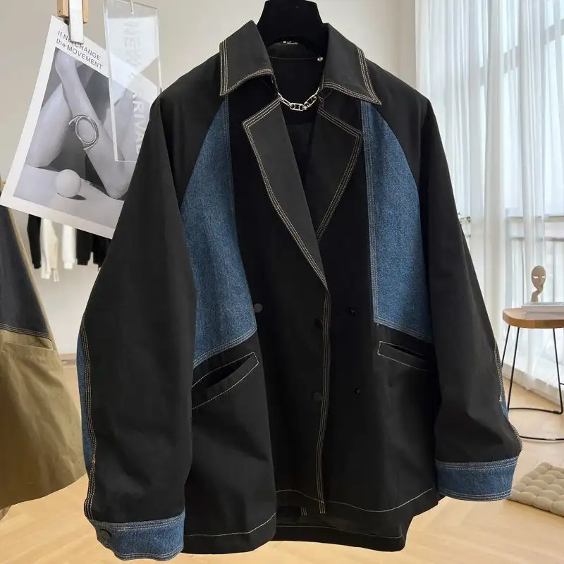 Denim Stitching Long Sleeve Jacket Coat Women Fashion Patchwork Trend