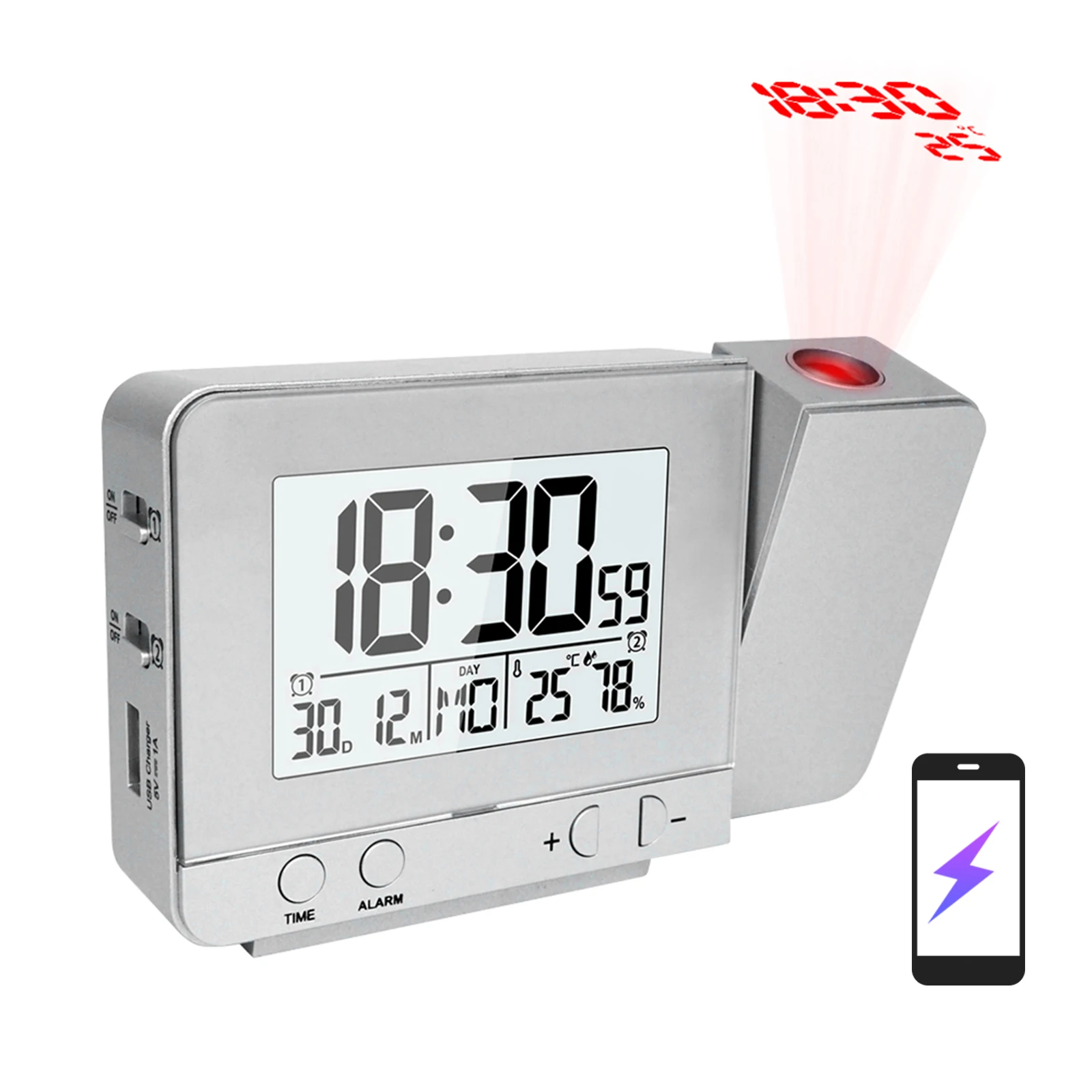 Projection Alarm Clock for Bedroom with Thermometer Hygrometer Digital Ceiling Clock