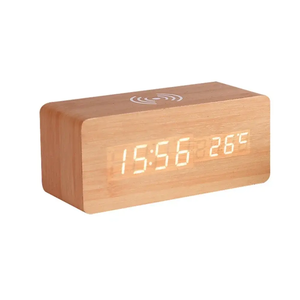 Modern Wood Digital LED Desk Alarm Clock Thermometer Wireless Charger