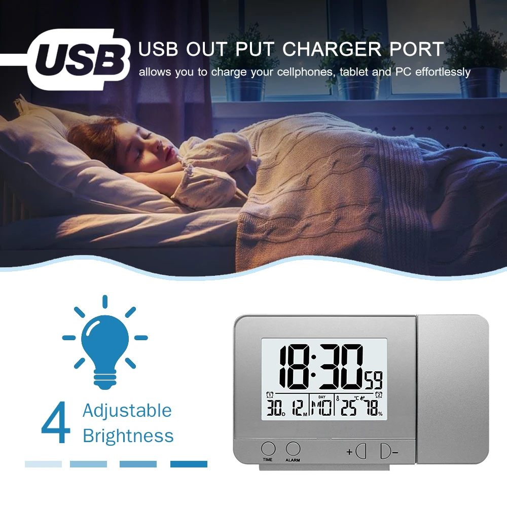 Projection Alarm Clock for Bedroom with Thermometer Hygrometer Digital Ceiling Clock