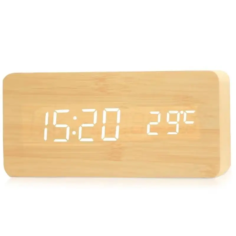 Wooden Digital Alarm Clock LED Table Clock With Te...