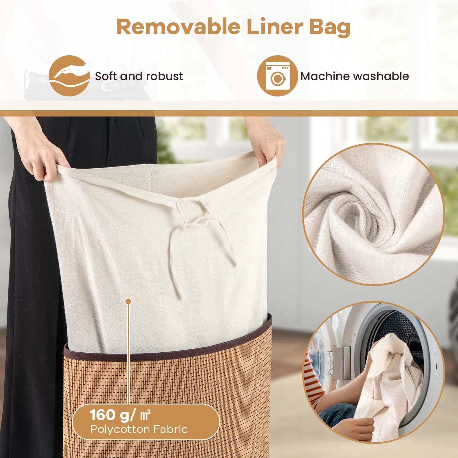 Bamboo Laundry Hamper Basket with Lid and Removable Liner Bag-Yellow
