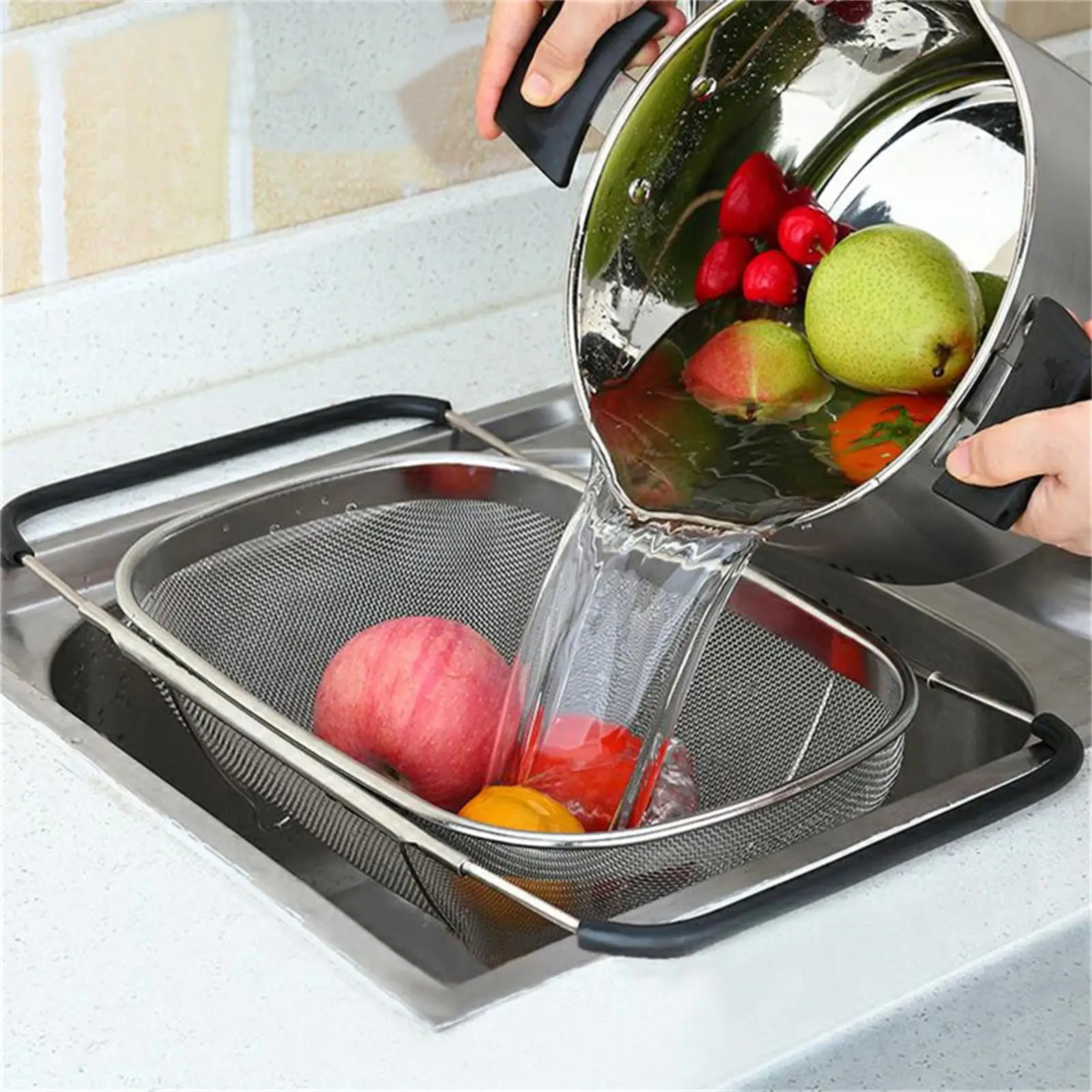 Retractable Drain Basket With Rubber Handle And Filter Tray