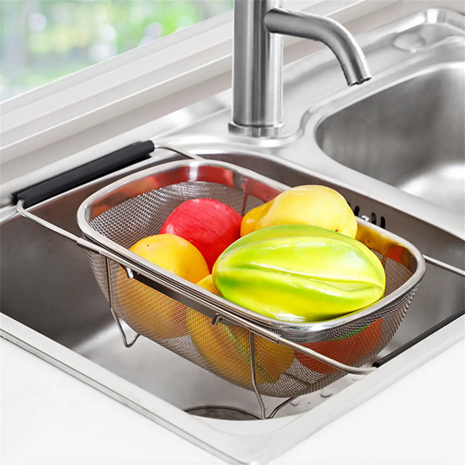 Retractable Drain Basket With Rubber Handle And Filter Tray