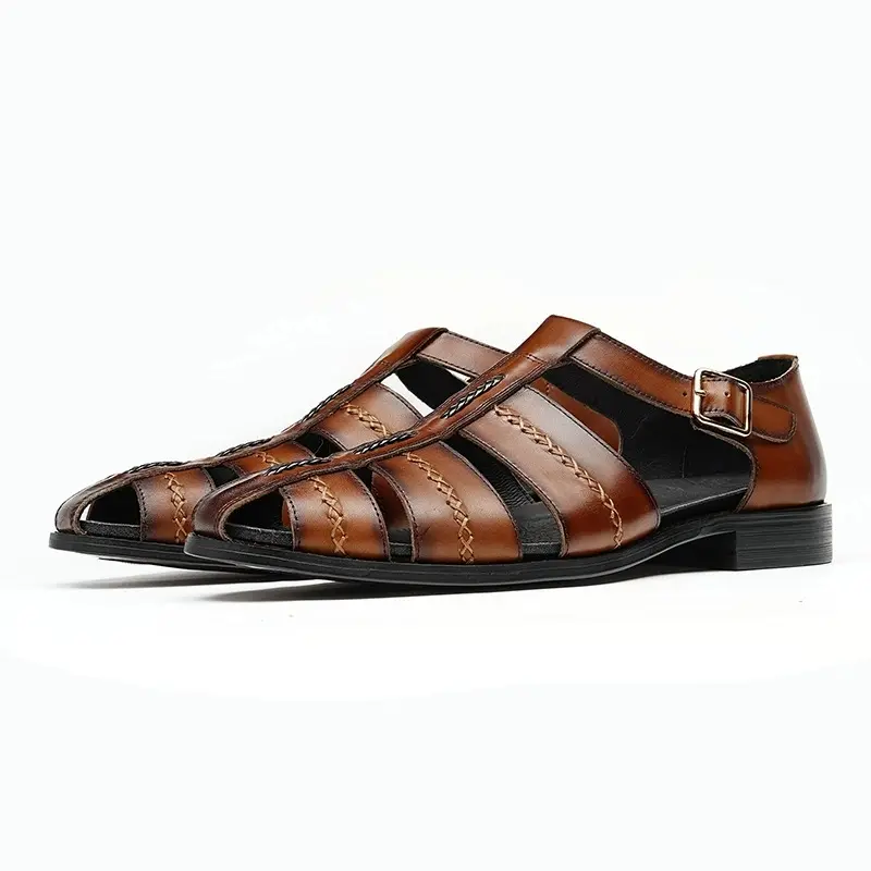 Retro Men's Leather Sandals Roman Woven Genuine Le...