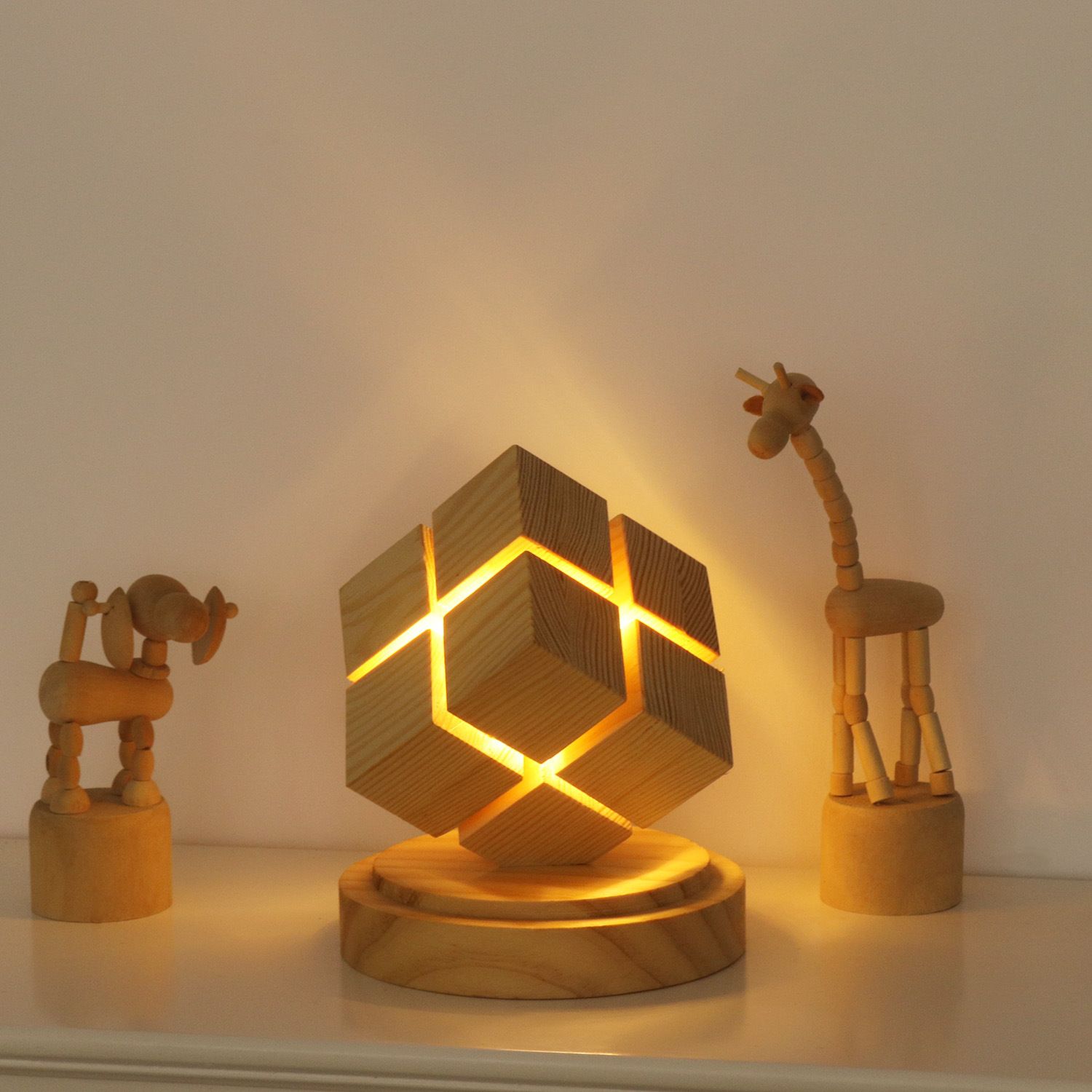 Cube Ambient Night Light Rubber Wood Bedside Decor Lamp USB Plug-in Warm Light