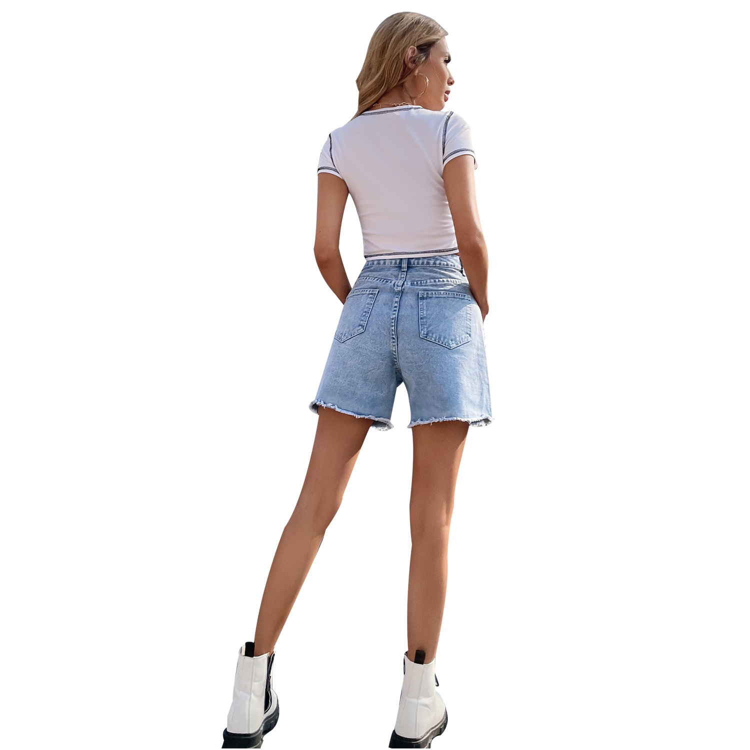 Casual Mid Waist Loose Straight Light Wash Quick D...