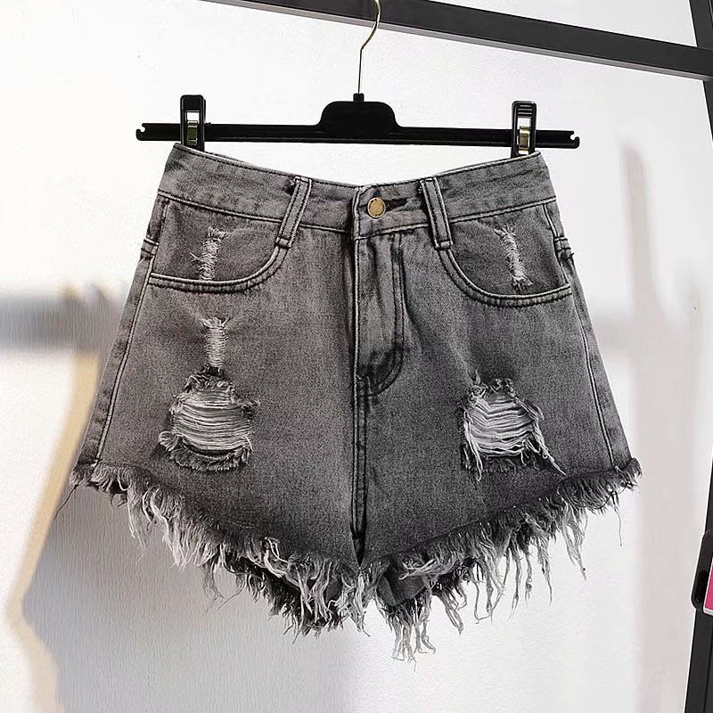 Vintage Ripped Hole Fringe Denim Shorts Women Casu...