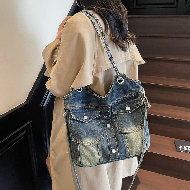 Washed Denim Chain Bag Fashion Button Single Shoulder Crossbody Bag Large Capacity Casual Tote Bag Trendy