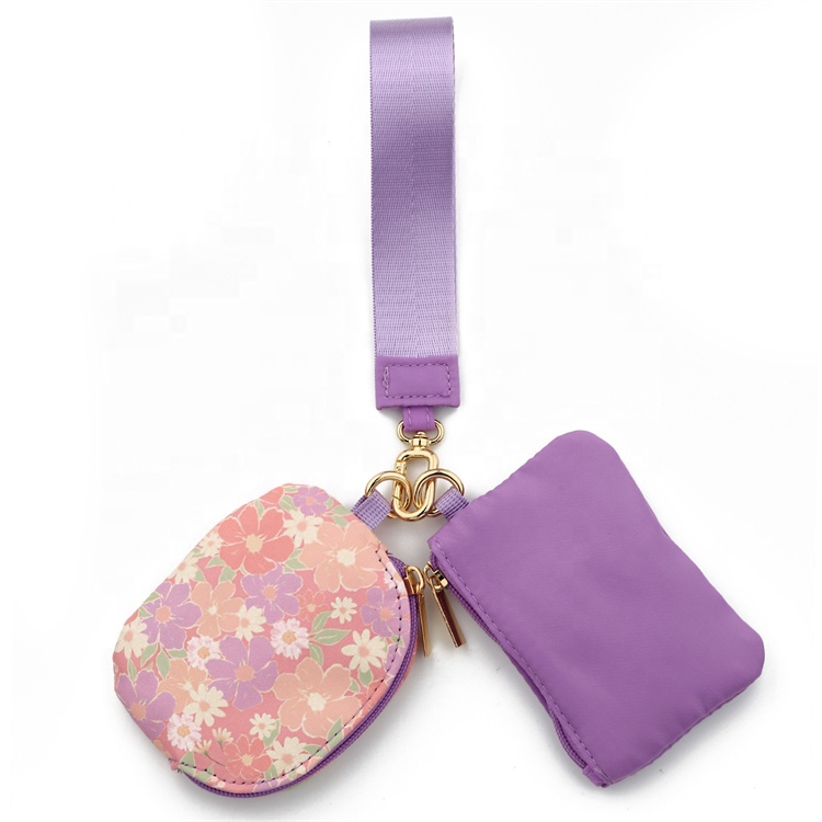Small Dual Pouch Wristlet Women Wallet Coin Chain Bracelet Floral Print Nylon Purse Ladies Wrist Bag