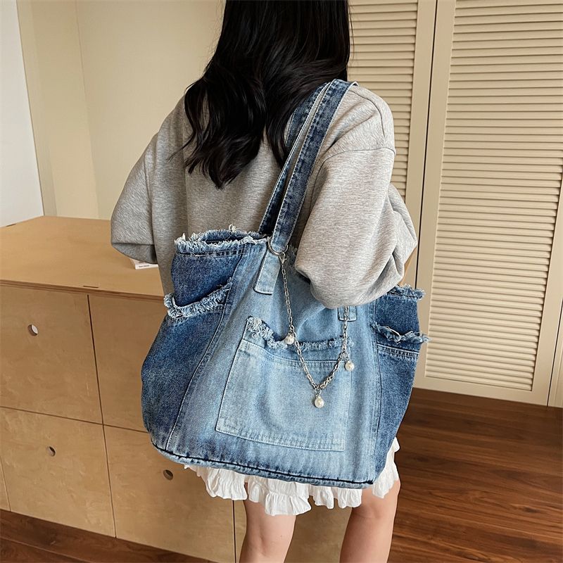 Large Capacity Denim Shoulder Bags for Women Tassel Versatile Ladies Travel Tote Bag