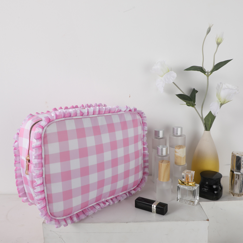 Women's Soft Makeup Bag Nylon Gingham Ruffle Cosmetic Bag