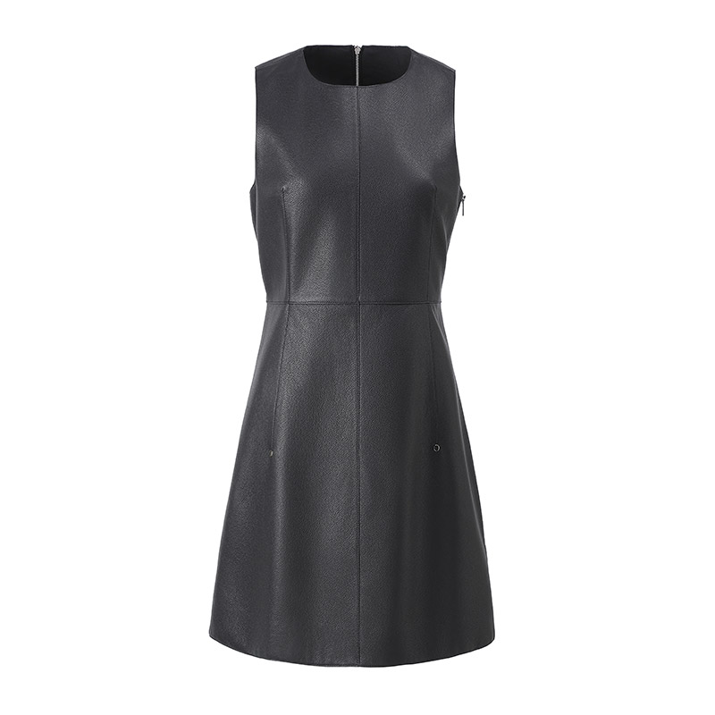 Elegant Sleeveless O Neck Leather Dress Slim Fit S...
