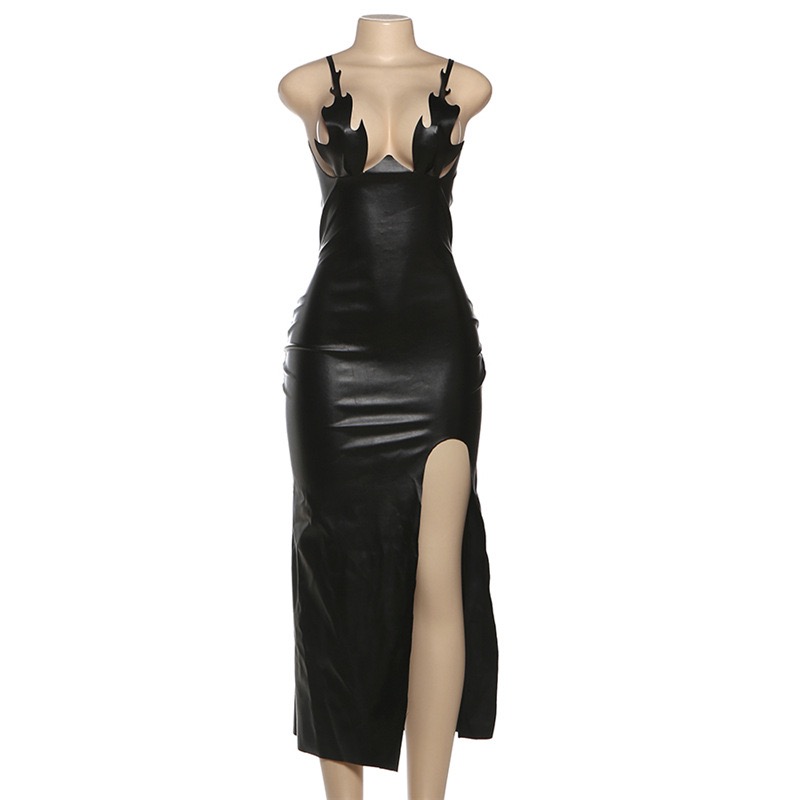 Sexy Stretch Irregular Design Cut Out Leather Dress Women High Slit Dress