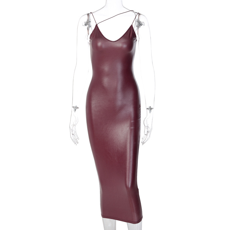 Women's Midi Dress Leather Sexy Straps V-Neck