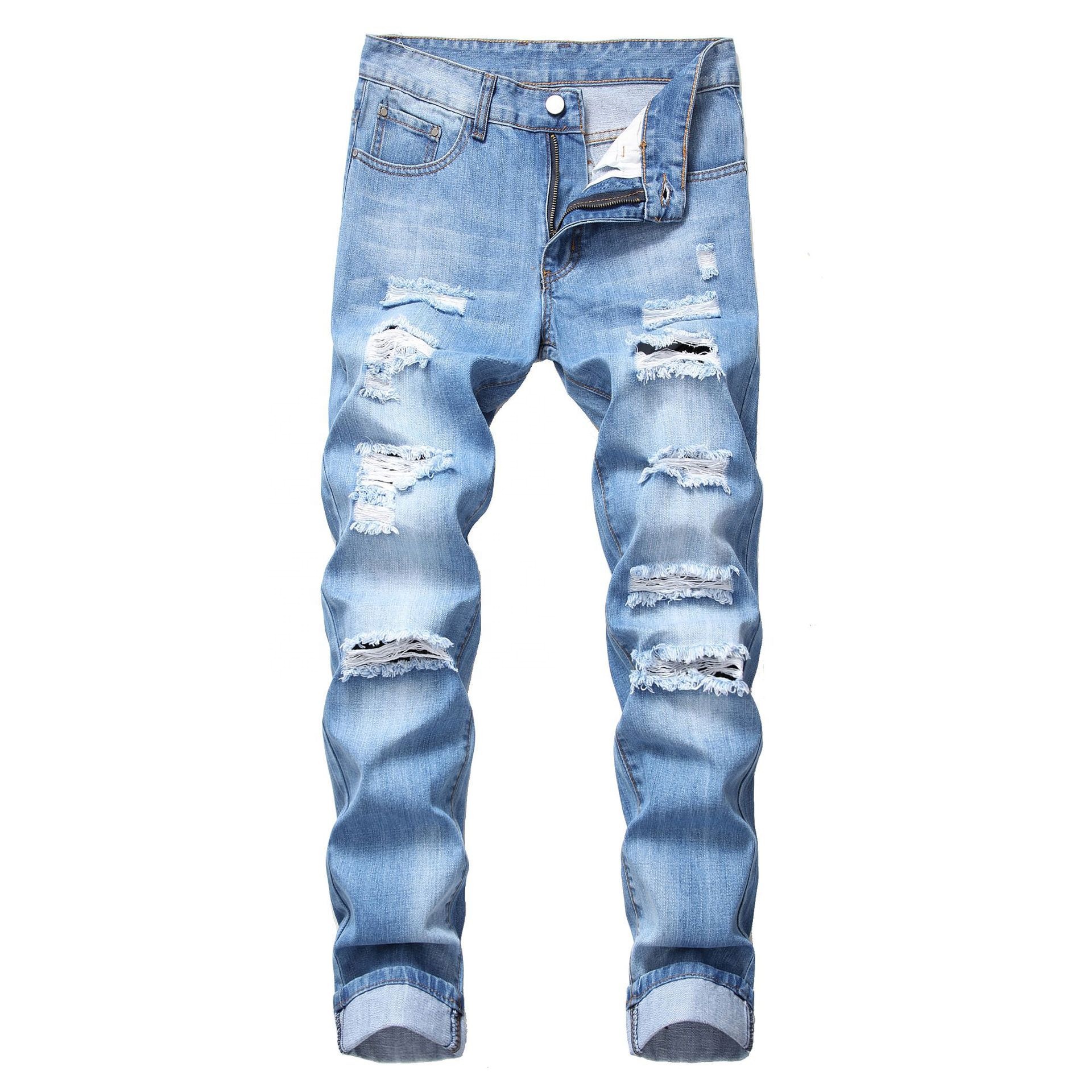 Washed Regular Denim Straight Slim Ripped Jeans Fo...