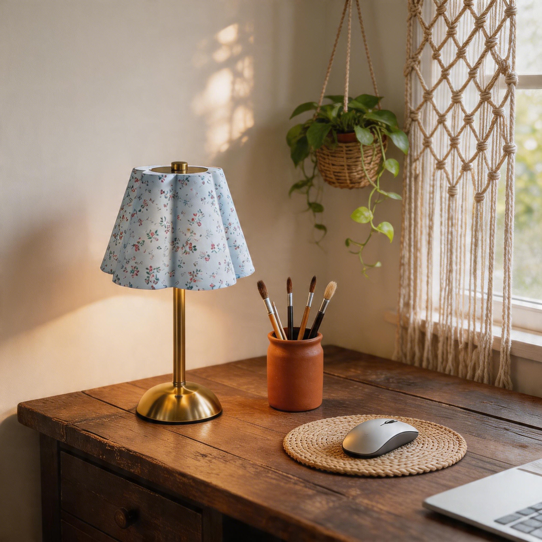Rechargeable Cordless Desk Lamp Floral Fabric Shade LED Bedside Table Lamp For Restaurant Cafe Lighting