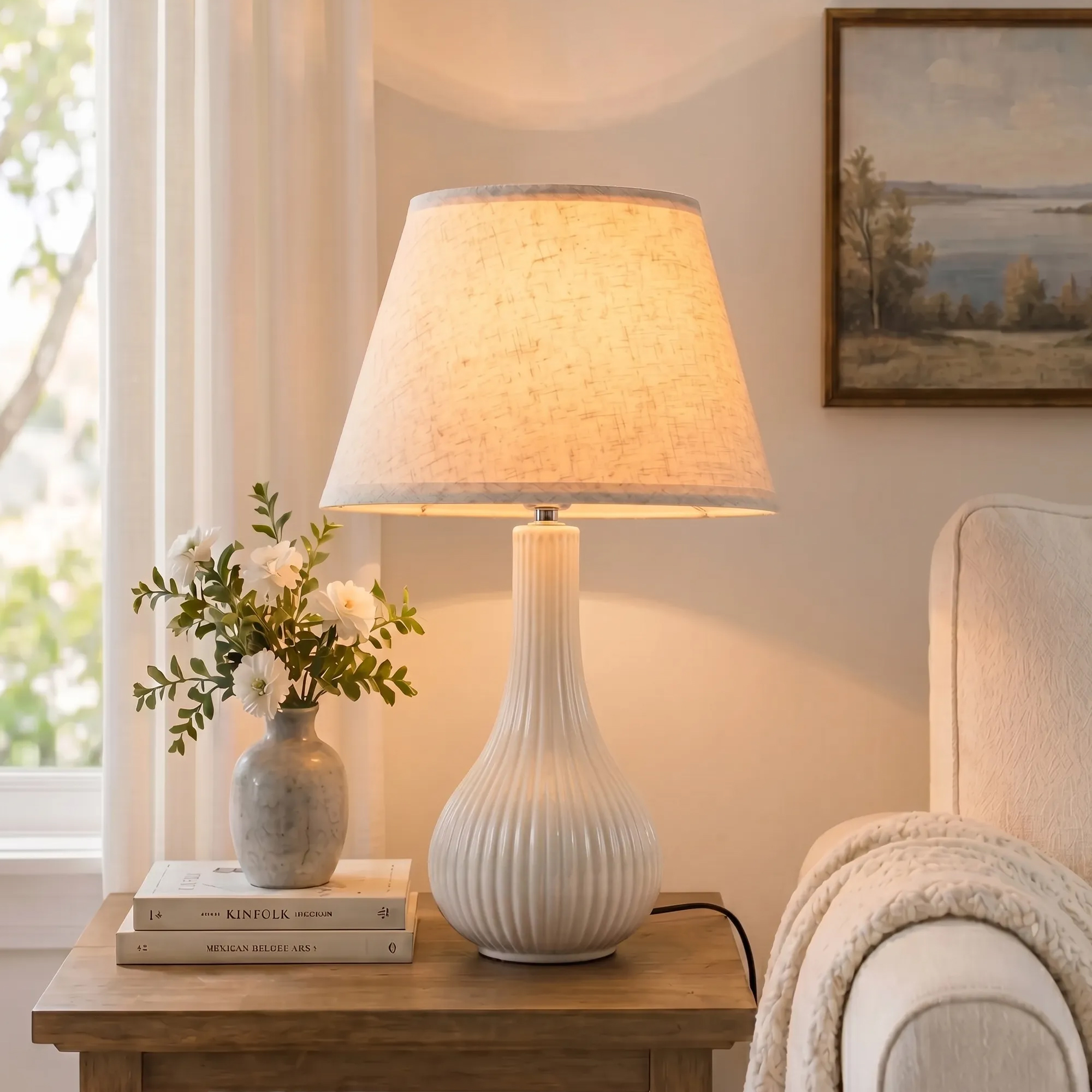 Ceramic Desk Lamps White Ribbed Base Fabric Shade Nightstand Lighting