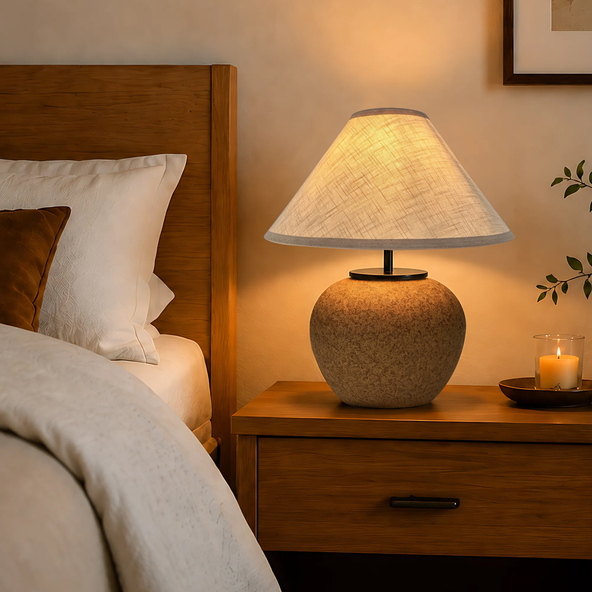 Retro Ceramic Desk Lamp With Tapered Fabric Lampshade