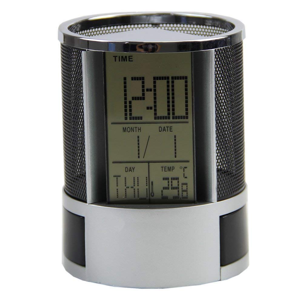 Intelligent Mesh Pen Holder Calendar Timer Temperature Desk Alarm Clock 2 Small Drawers-Indoor Use