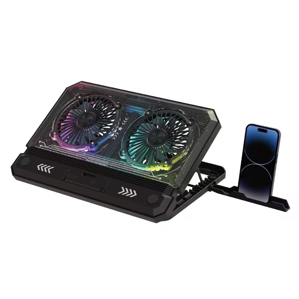 RGB Laptop Cooling Pad 8-Level Adjustable Dual Fan Cooler With Phone Holder And Radiator