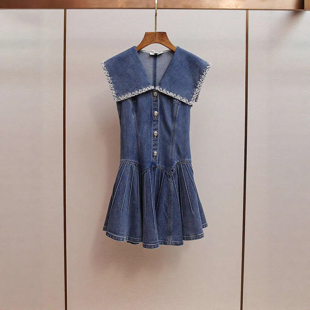 High-End Women's French Retro Rhinestone Big Neck Denim Dress