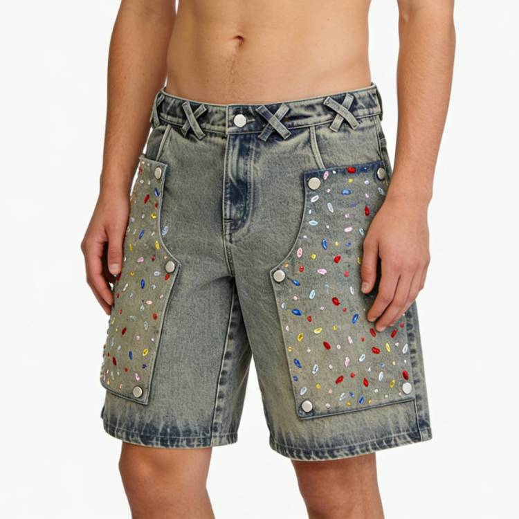 Men Denim Shorts Baggy Casual Rhinestone ...