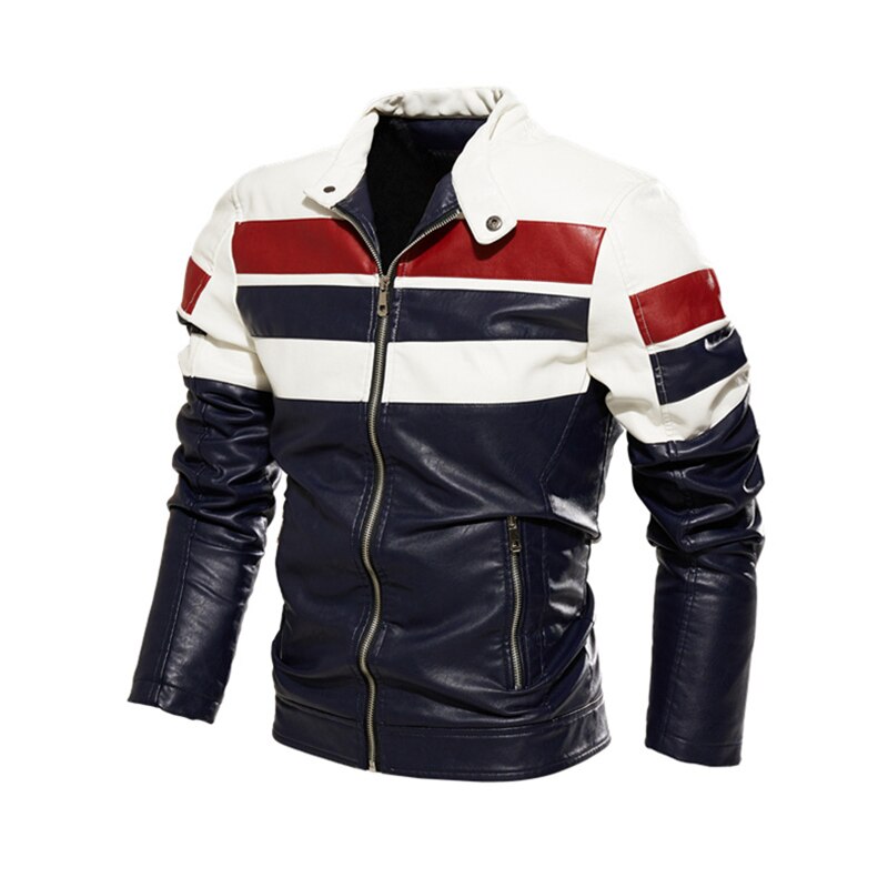 Men's Leather Jacket Stripes Patchwork Motorcycle Leather Jacket For ...