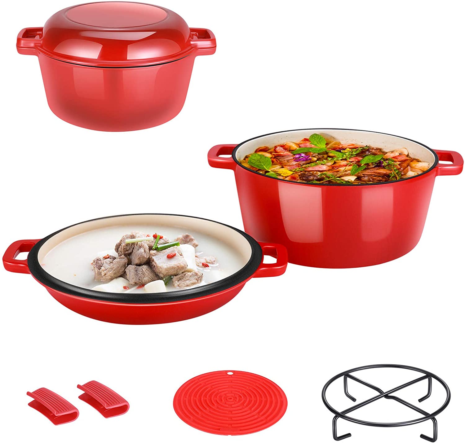 Enamel Cast Iron Dutch Oven Soup Pot With Skillet Lid Silicone Handle 