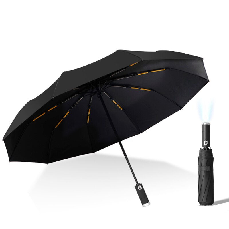 Automatic Umbrella With LED Flashlight Three Folding UV Umbrella For Rain and Sun 10 Ribs Windproof Portable Parasol