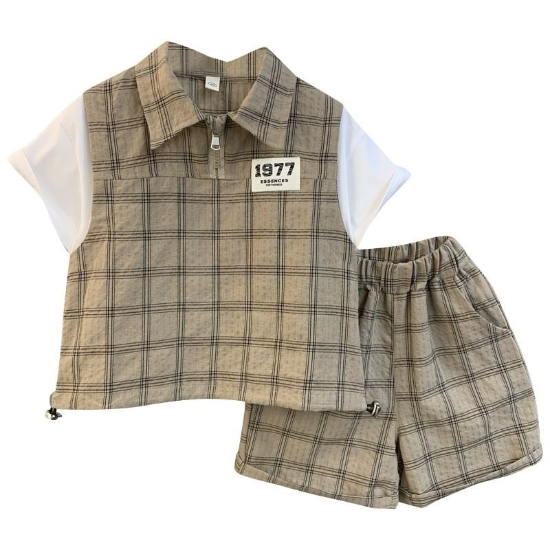 Children Plaid Clothing Fashion Baby Boys Summer Patchwork Short Sleeve Shirt+shorts Handsome Casual 2pcs Set Outfit
