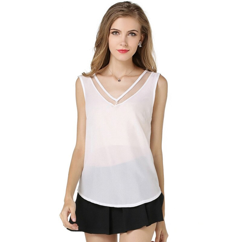 Summer Solid Color Sexy V-Neck Sleeveless Chiffon Shirt Womens Tops And Blouses Top Summer Beach Tunic