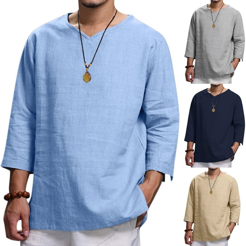 Cotton Linen Hot Sale Men's Long-Sleeved Shirts Su...