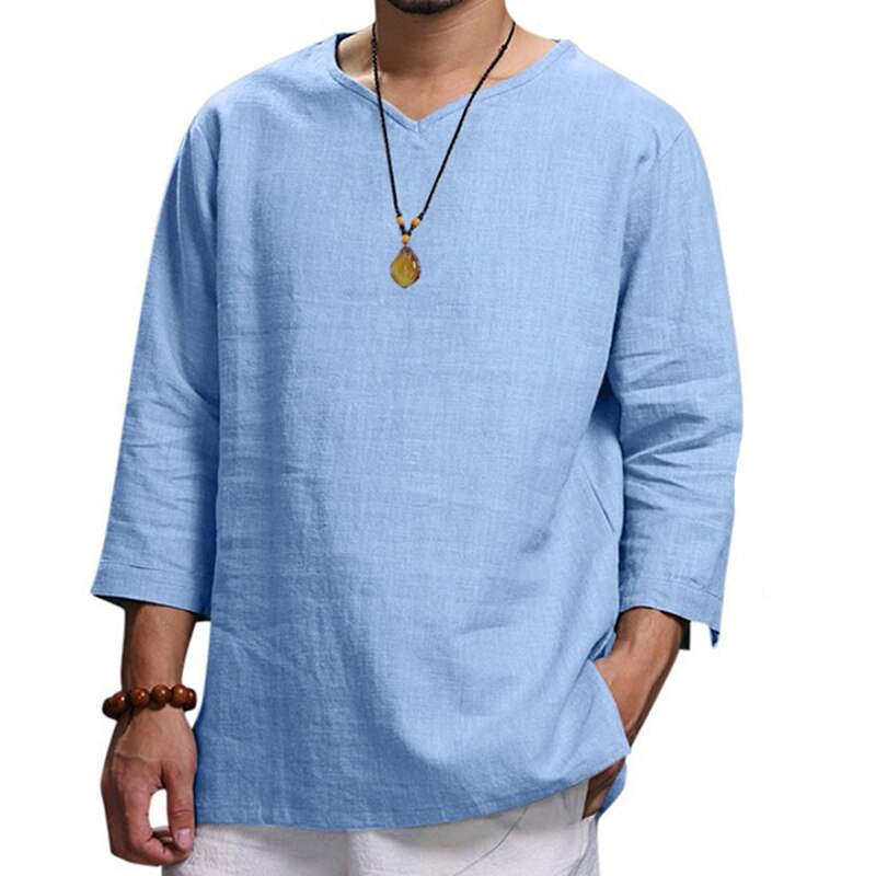Cotton Linen Hot Sale Men's Long-Sleeved Shirts Summer Solid Color Stand-Up Collar Casual Beach Style Plus Size Linen Man Tops