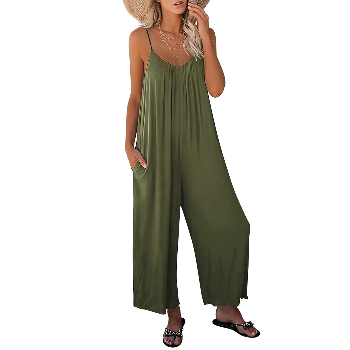 Casual Loose Jumpsuit Women Summer Spaghetti Strap Sleeveless Stretchy Wide Leg Rompers with Pockets Oversized Jumpsuits