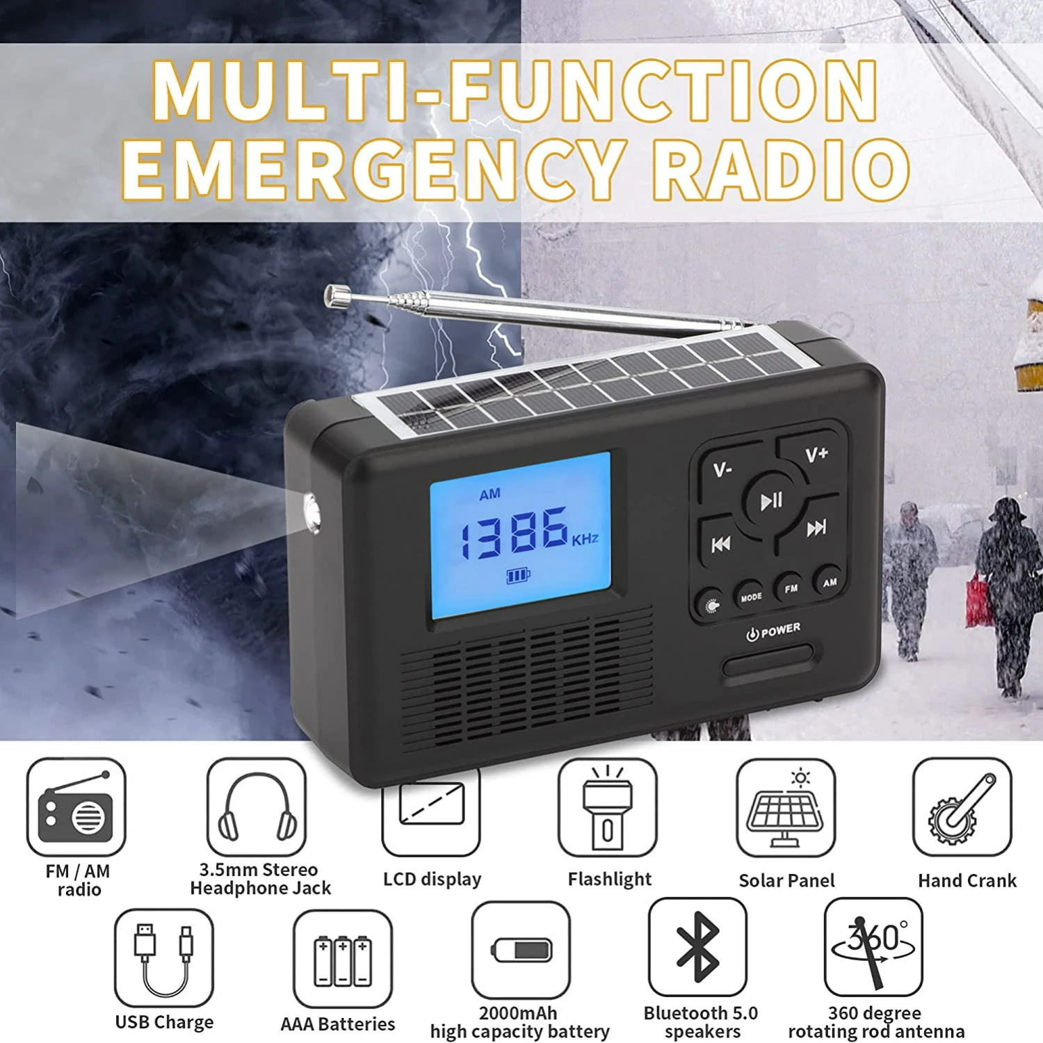 Portable DAB/FM/AM Radio Bluetooth TF Card Emergency Radio Solar Hand ...