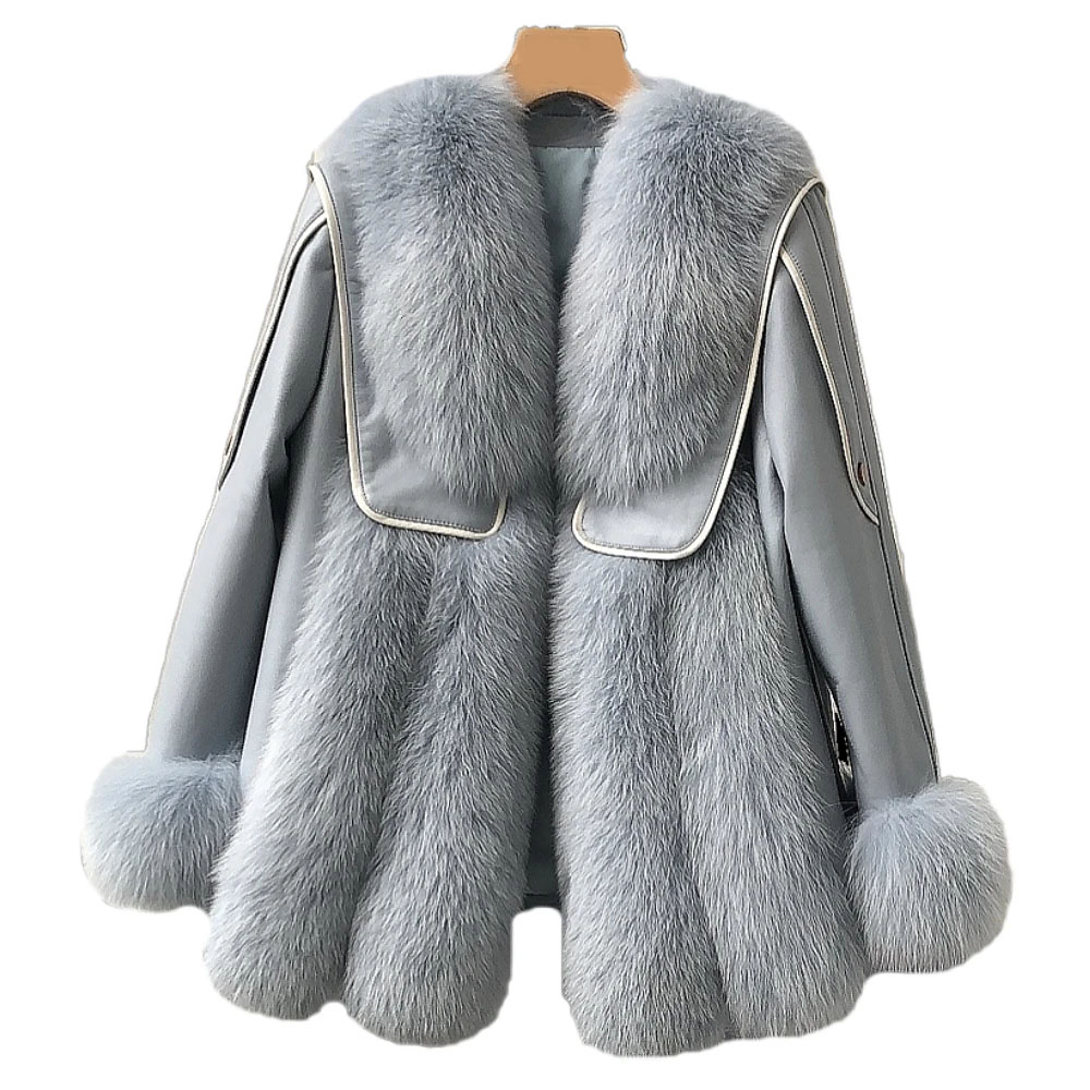 High-End Imported Fox Fur Fur Coat Women's Mid-Length Sailor Collar Sheepskin Down Jacket Coat