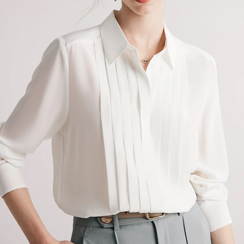 Woman White Shirts 100%Mulberry Silk Turn Down Collar Solid Chic Blouses Spring Summer Office Lady Top