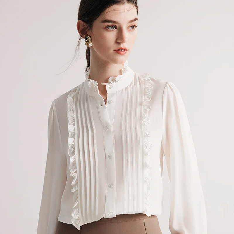 Woman Shirts 100%Mulberry Silk Stand Collar Ruffles White Chic Blouses Spring Summer Office Lady Top