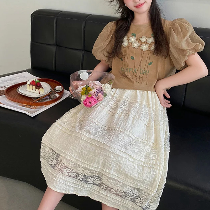 New Spring And Autumn Girls Suit Skirt Flower Puff Sleeve Lace Skirt Children's Clothing Two-Piece Suit