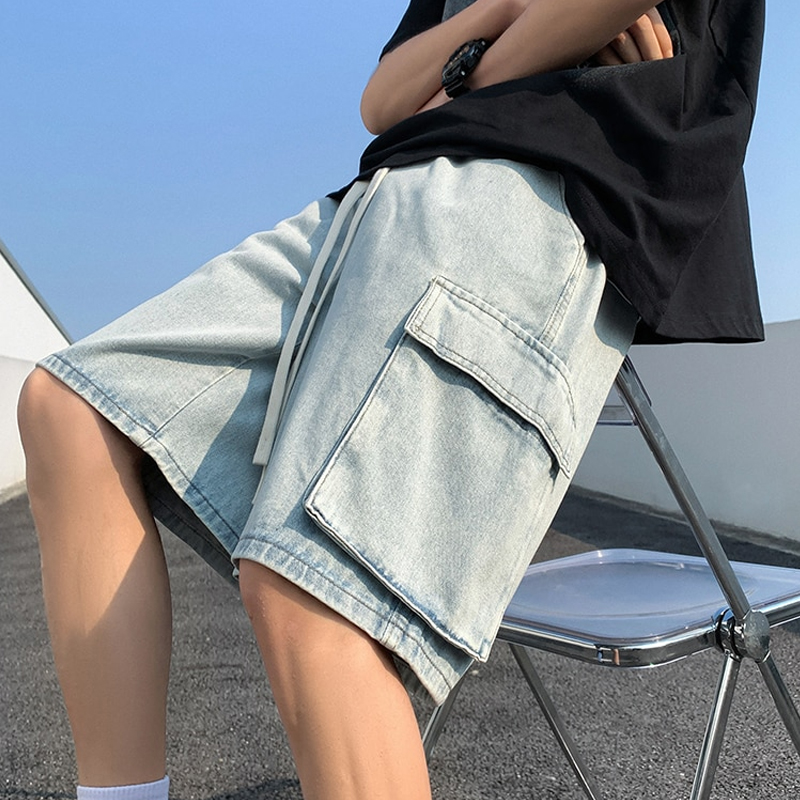 Summer Men's Wide-Leg Denim Shorts New Style Fashion Loose Casual Elastic Waist Large Pocket Shorts