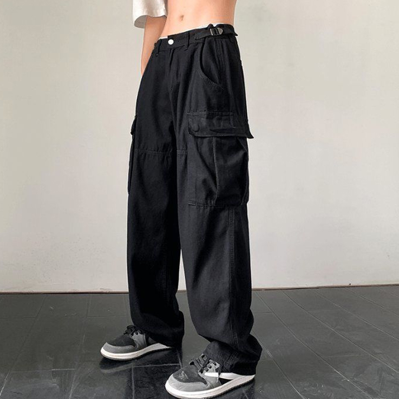 Oversized Pockets Solid Color Sports Loose Casual Workwear Trousers High Waist Street Fashion Retro Men's Trousers