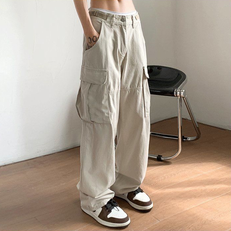 Oversized Pockets Solid Color Sports Loose Casual Workwear Trousers High Waist Street Fashion Retro Men's Trousers