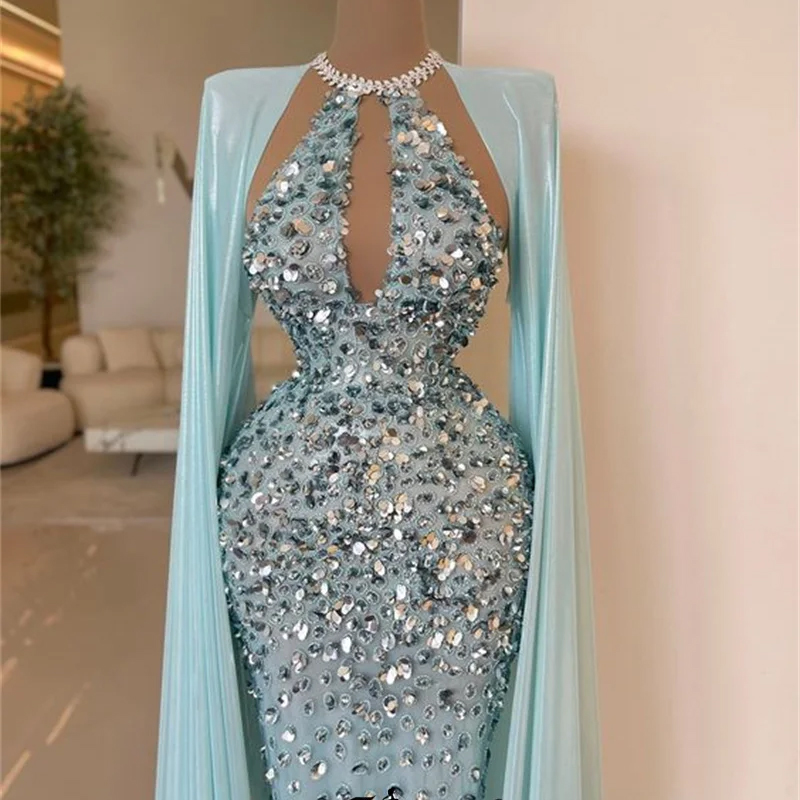 Luxury Stunning Rhinestone Sequin Formal Evening Dress With Long Cape Mermaid Party Dress