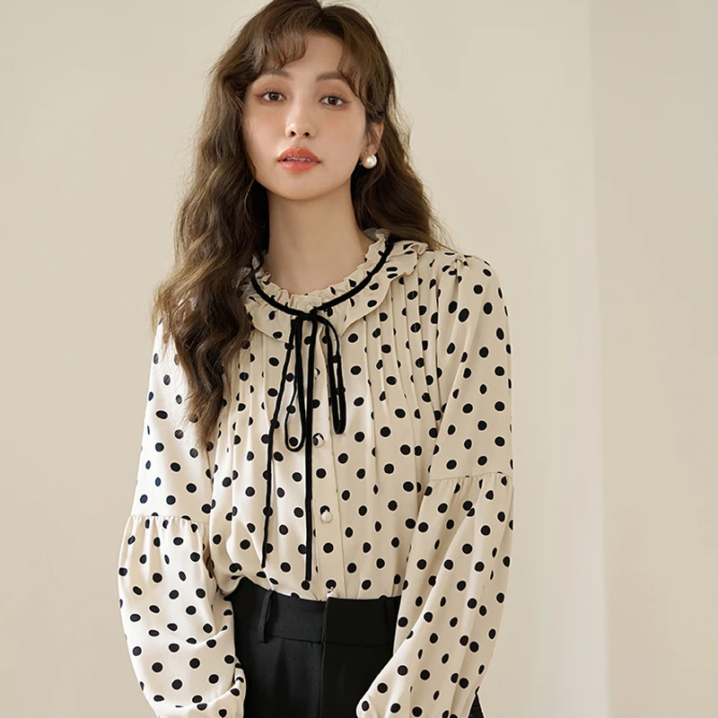 French Retro Polka Dot Shirt For Women Autumn Korean Style Ruffled Collar Tie Elegant Single-Breasted Top