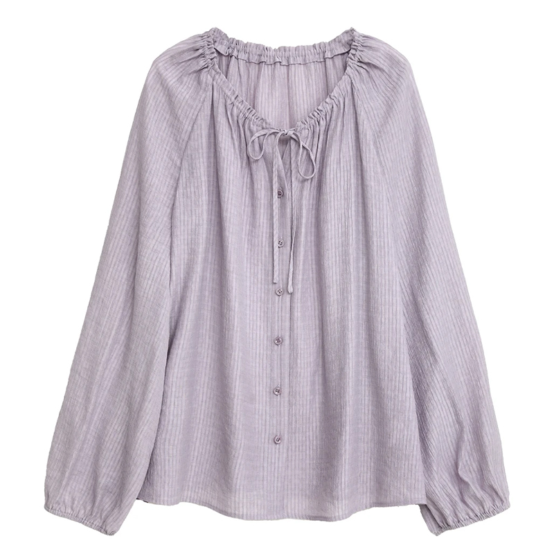 Women's Shirt Loose Solid Color New V-Neck Pleated Raglan Long Sleeve Shirt Textured Cardigan Women's Tops