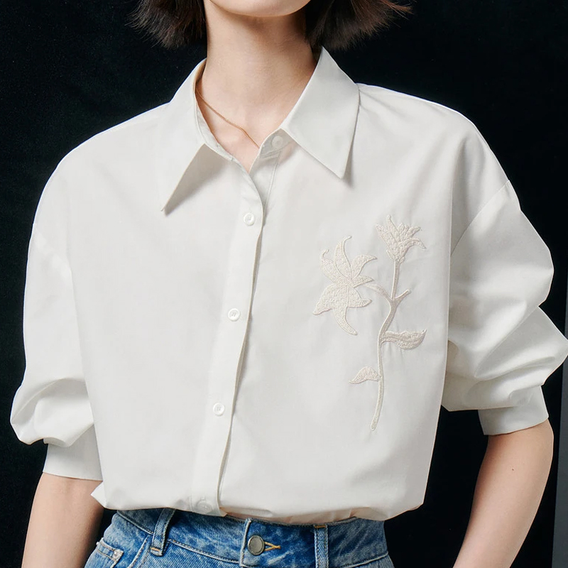 Shirt Women's Spring New Style Lily Embroidery Irregular Hem  Top