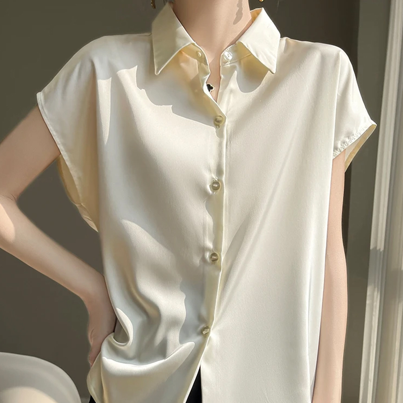 New Short Sleeve Shirt Satin Women's Casual Shirt Tops Solid Color Women's Clothing Fashion Trend