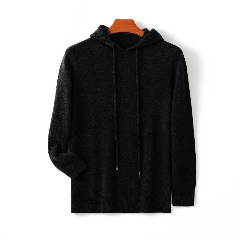 Autumn And Winter Cashmere Sweater For Men With Hooded Loose Sweater 100% Pure Wool Solid Color Bottoming Shirt